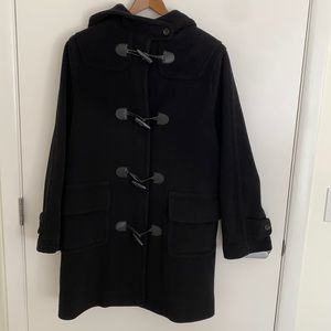 French Connection black lambswool hooded duffle toggle coat size 8